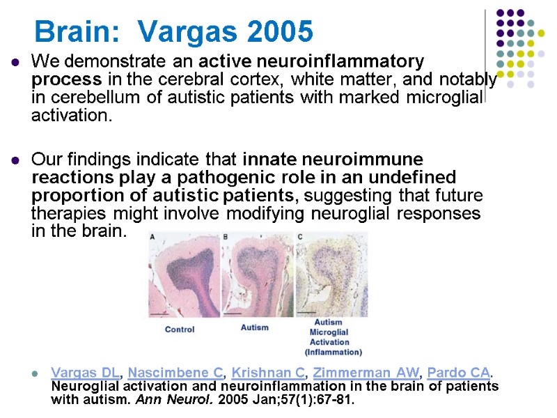 Brain:  Vargas 2005 We demonstrate an active neuroinflammatory process in the cerebral cortex,